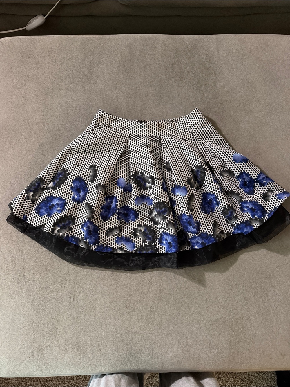 Express Black-and-White Polka Dot A-Line Skirt with Blue Floral Border
